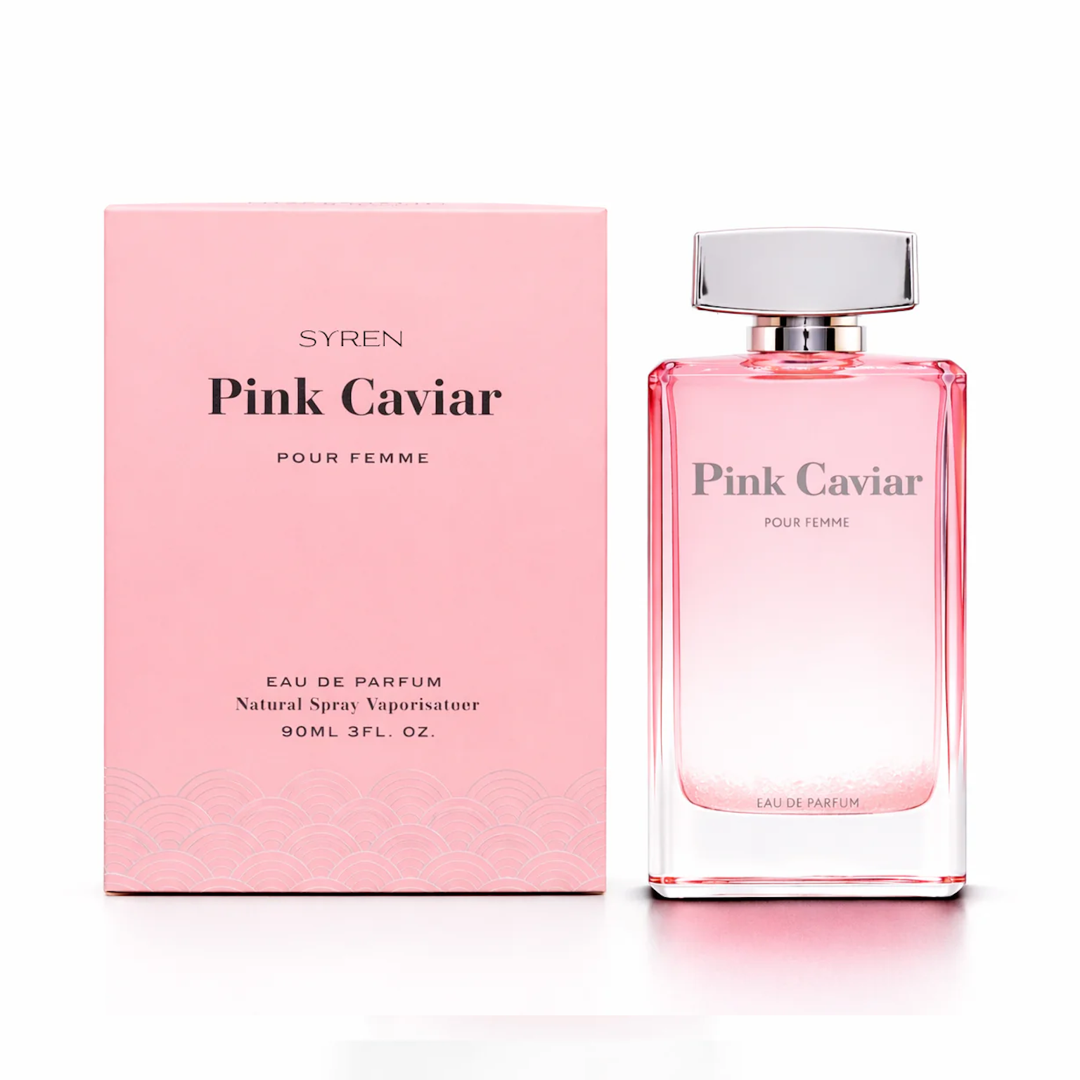 Syren - Pink Caviar perfume bottle and box with elegant floral fragrance for women.