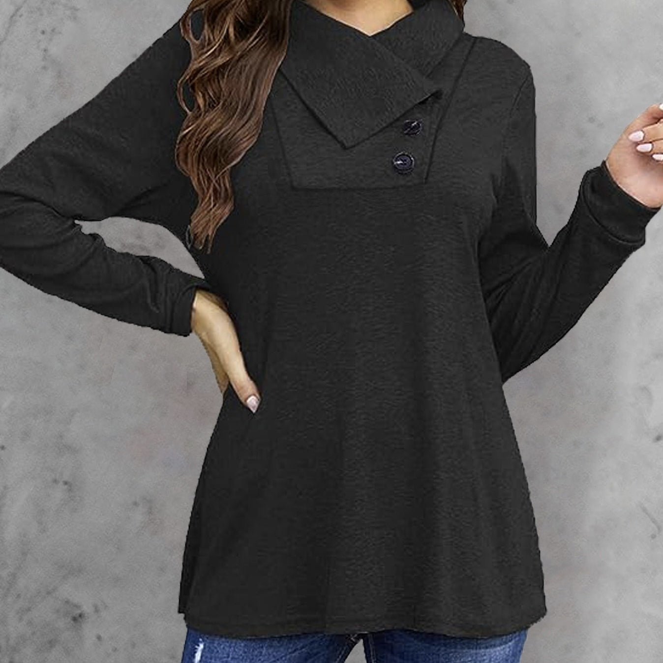 Women's Fashionable Long Sleeved Hood Collar Button Waist Top T-shirt in black, casual fit, lightweight polyester, perfect for spring.