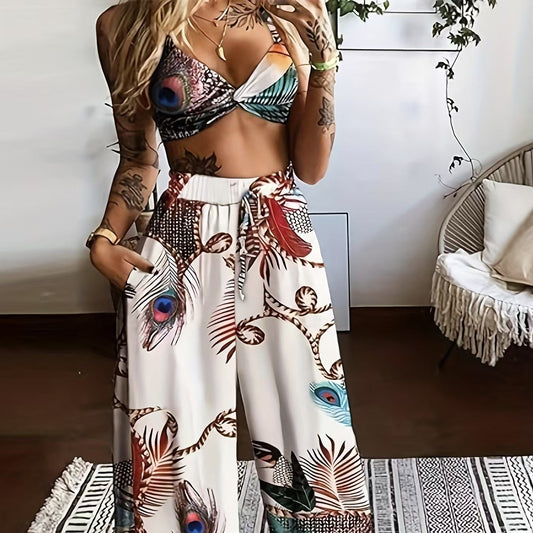 Women’s Feather Print Vacation Pants Set