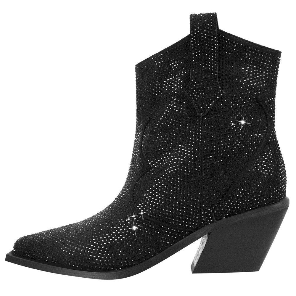 Women’s Rhinestone Encrusted Bootie Style Cowboy Boots in black with rhinestone details and mid-height heel