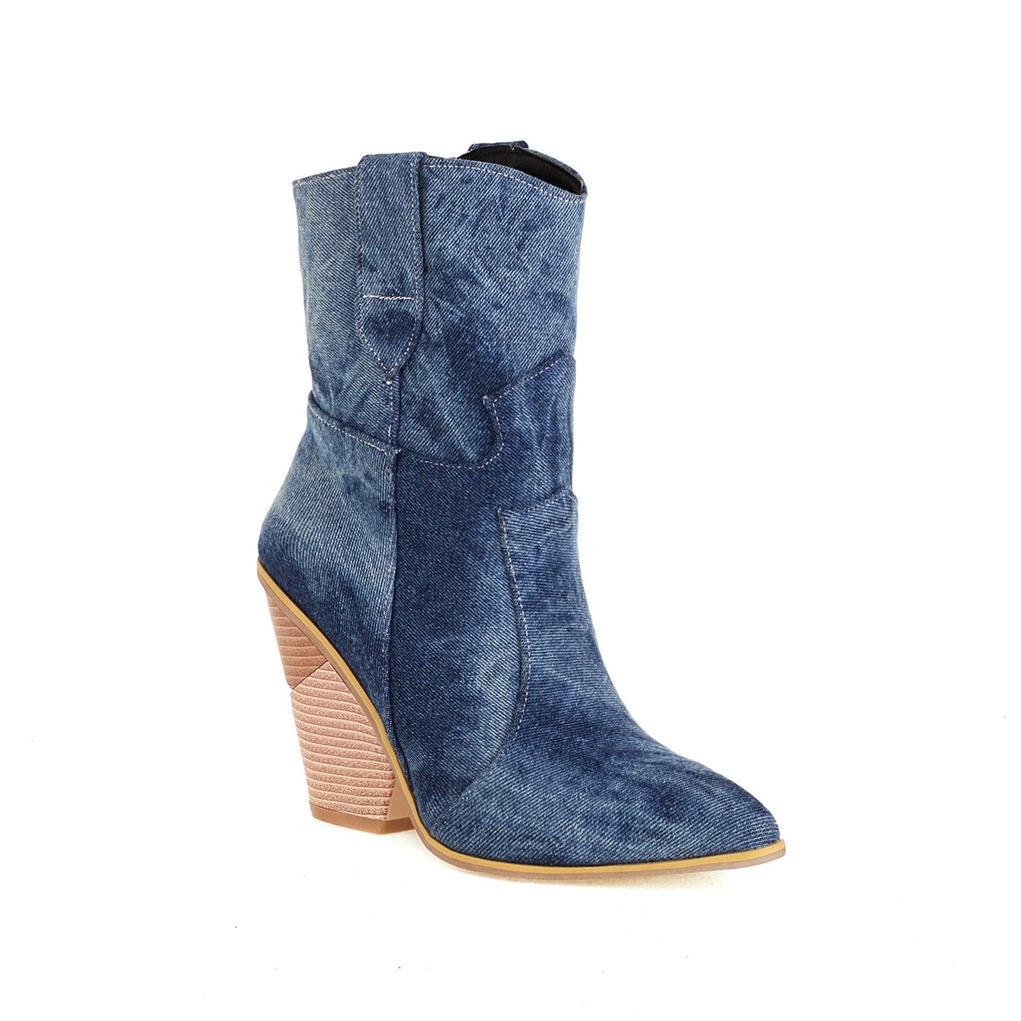 Cowgirl Chic High Heel Ankle Boots - Trendy Denim and Leather Boots for Women with high heel and waterproof platform