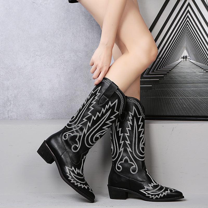Classic Cowboy Boots for Women with detailed stitching and low heel, showcasing traditional cowboy style.