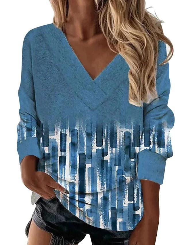 Boho Western V-Neck Long Sleeved Top – Stylish Cowgirl Fashion with Geometric Patterns in blue and white.