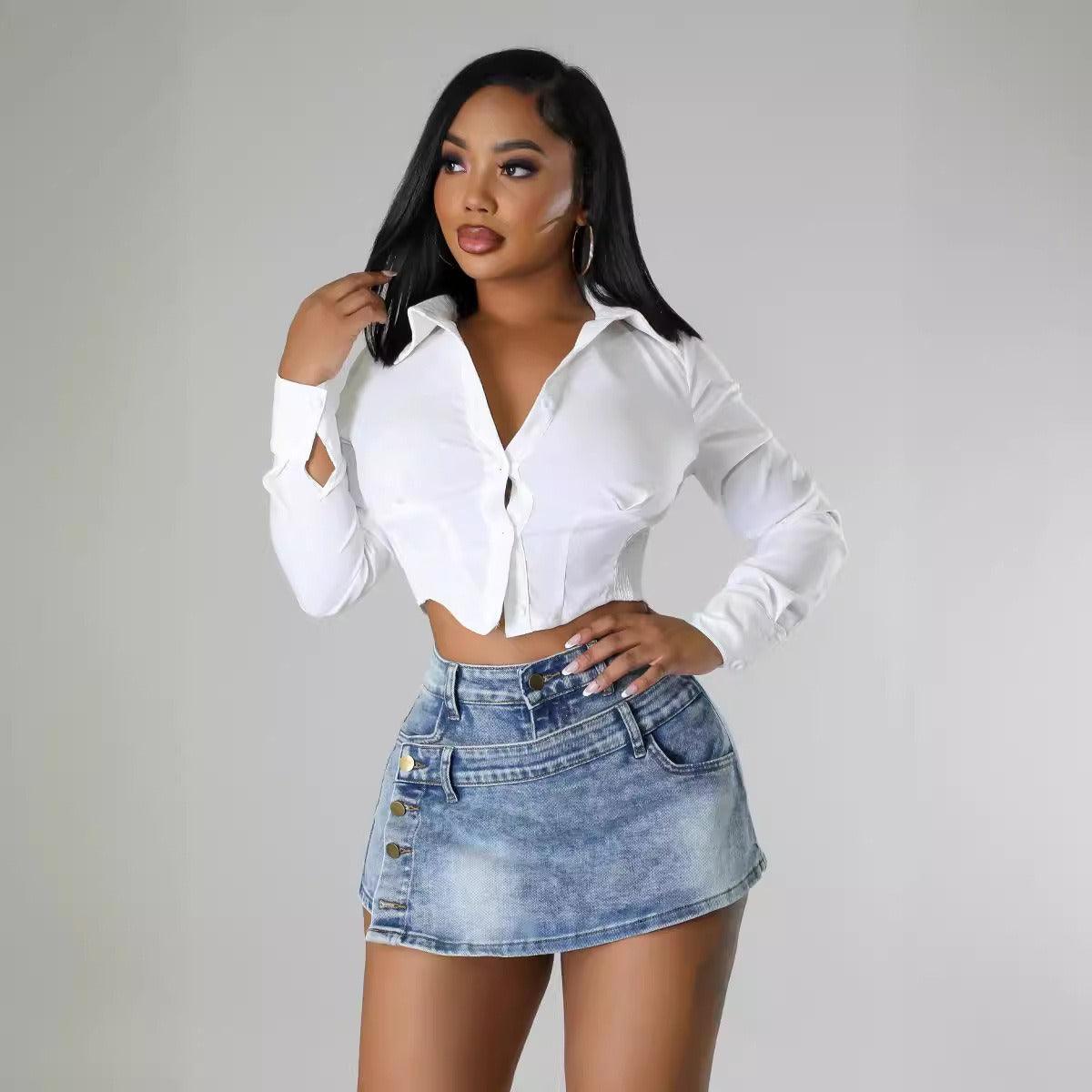 Woman wearing Denim Half Skirt Button-Up Shorts for Country Girls and Bartenders with a white shirt.