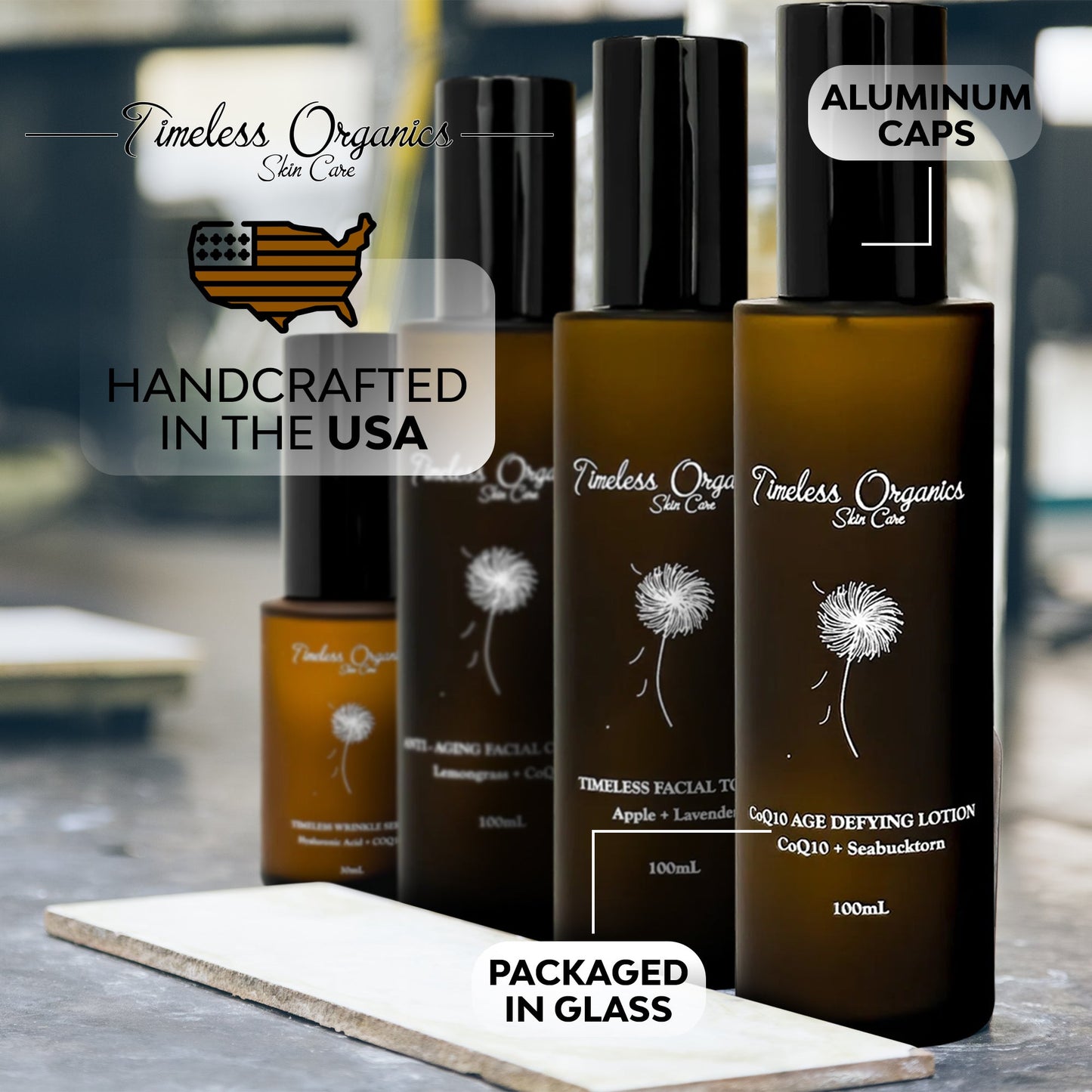 Anti-Aging Kit with handcrafted Timeless Organics skincare products including facial toners, serums, and lotions in glass bottles.