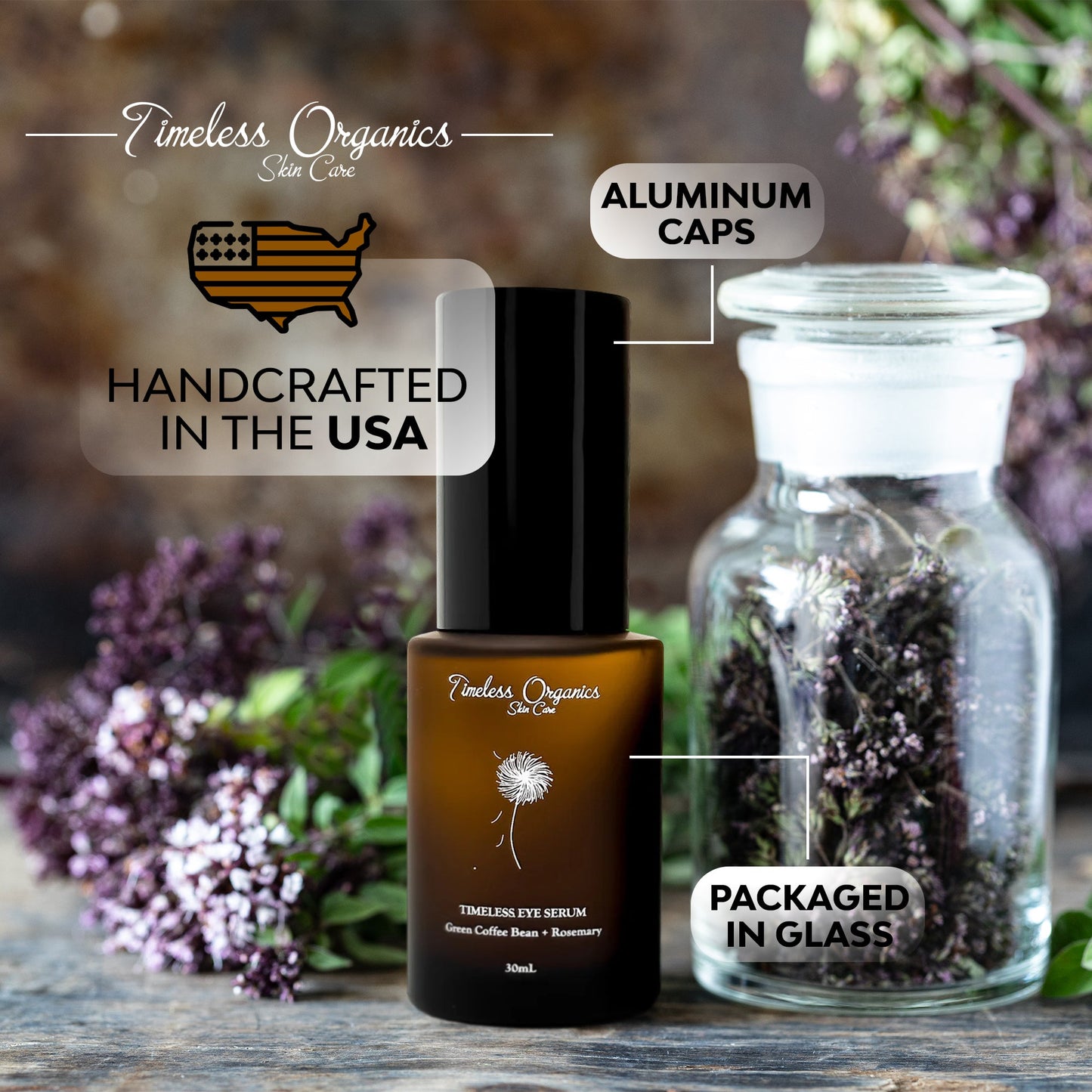 Timeless Eye Serum in glass bottle with aluminum cap, 30mL; crafted in the USA; organic ingredients; displayed with lavender.