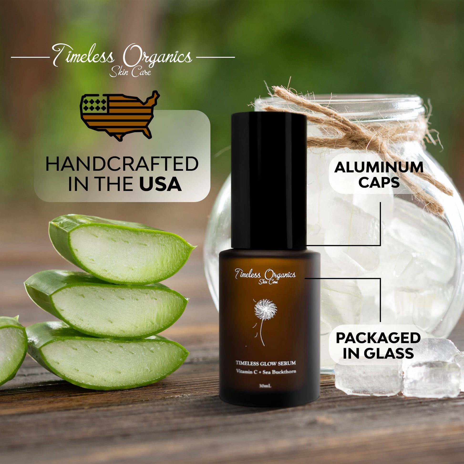 Timeless Glow Serum bottle with aloe, glass jar, and aluminum cap, highlighting hydrating and brightening skin benefits.