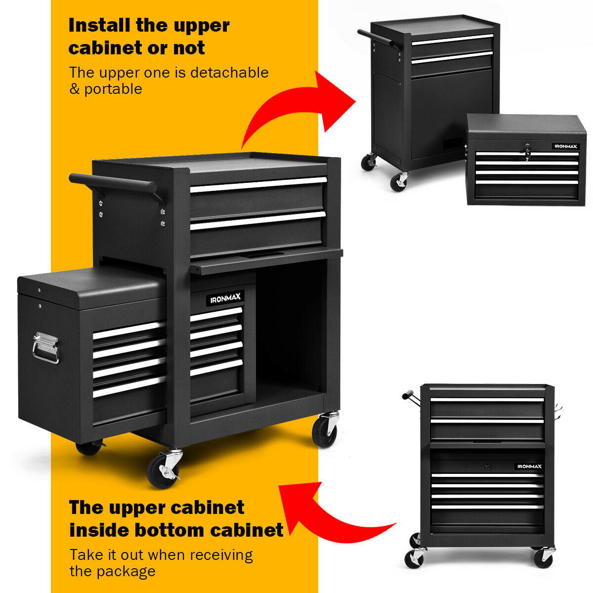 6-Drawer Tool Chest with Heightening Cabinet-Black showing detachable top box and versatile storage options