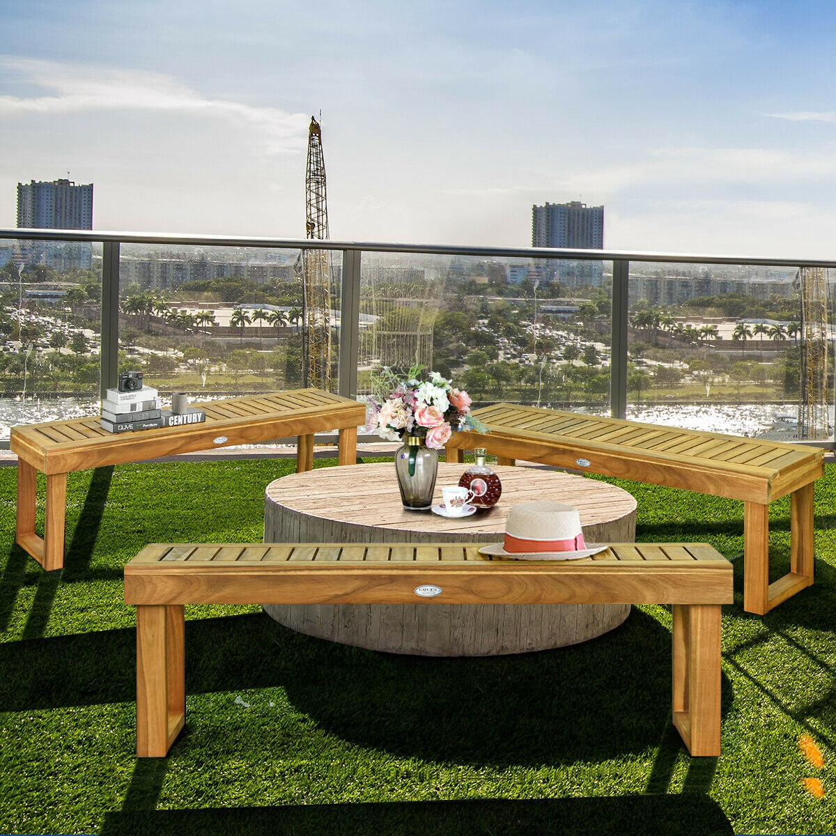 Outdoor setting with 52 Inch Acacia Wood Dining Bench with Slatted Seat on a sunny patio.