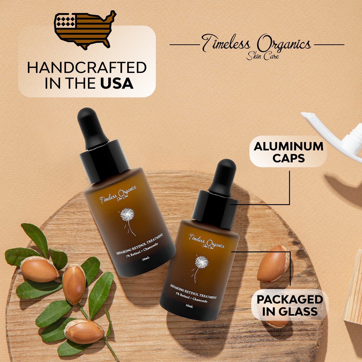 Repairing Retinol Treatment bottles with aluminum caps and glass packaging, handcrafted in the USA, by Timeless Organics Skin Care.