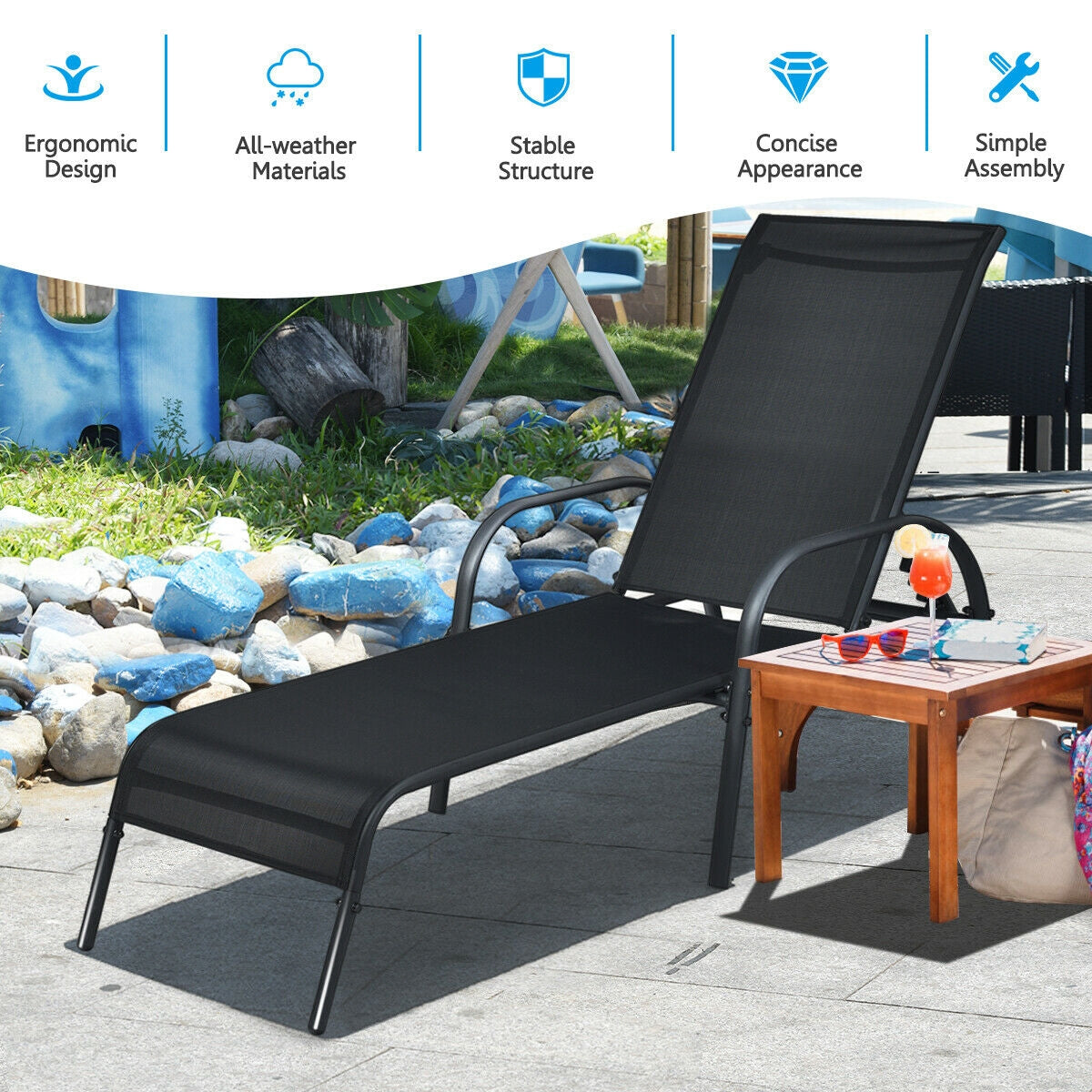 Adjustable Patio Chaise Folding Lounge Chair with Backrest-Black on a sunny poolside patio.