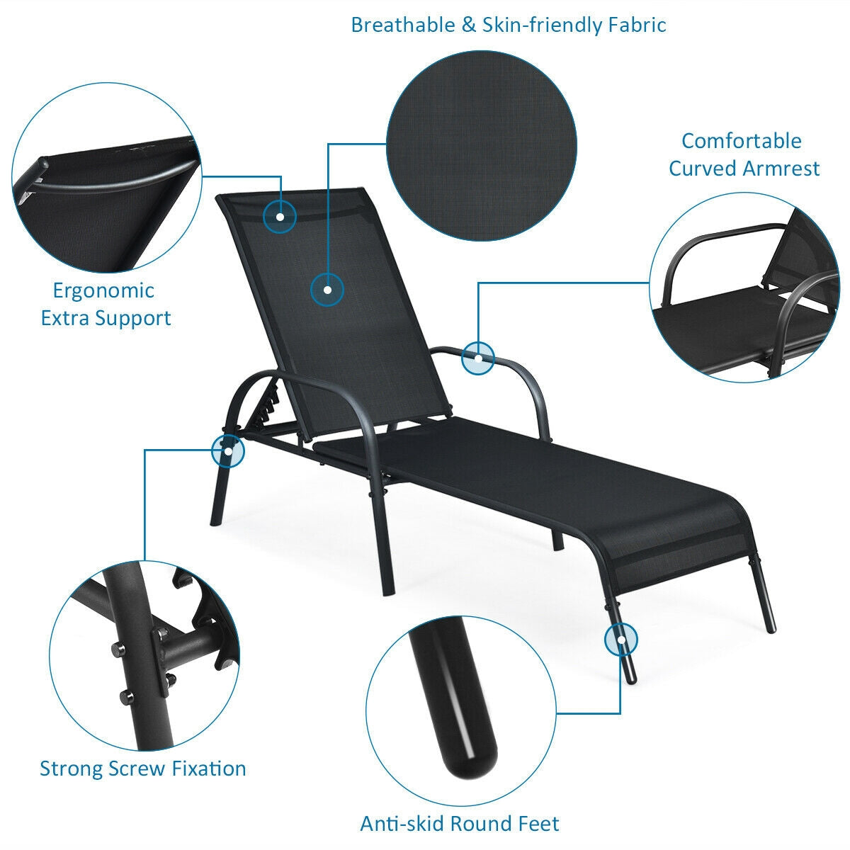 2 Pcs Outdoor Patio Lounge Chair Chaise Fabric with Adjustable Reclining Armrest, featuring breathable fabric and ergonomic support