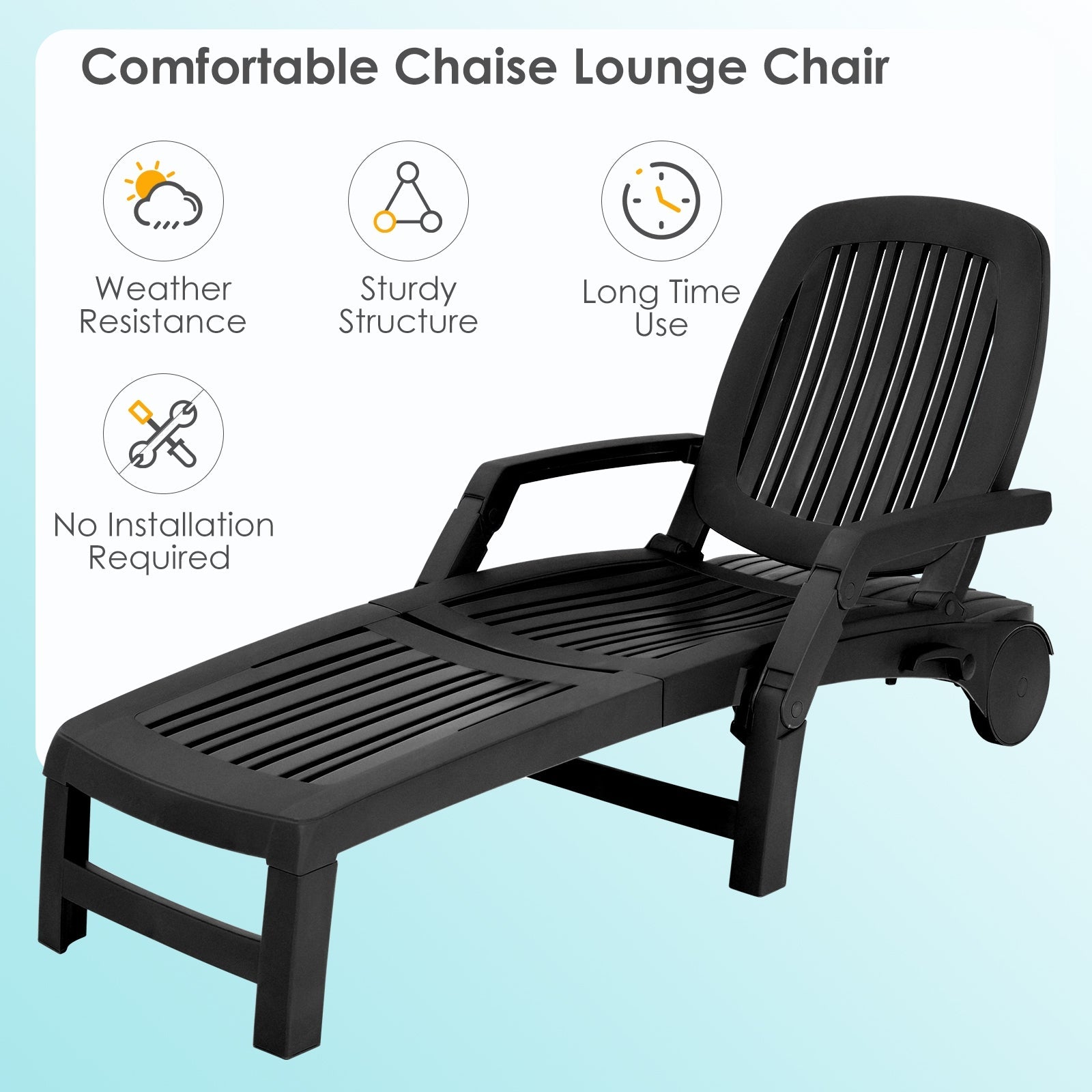 Adjustable Patio Sun Lounger with Weather Resistant Wheels-Black featuring adjustable backrest and folding design.