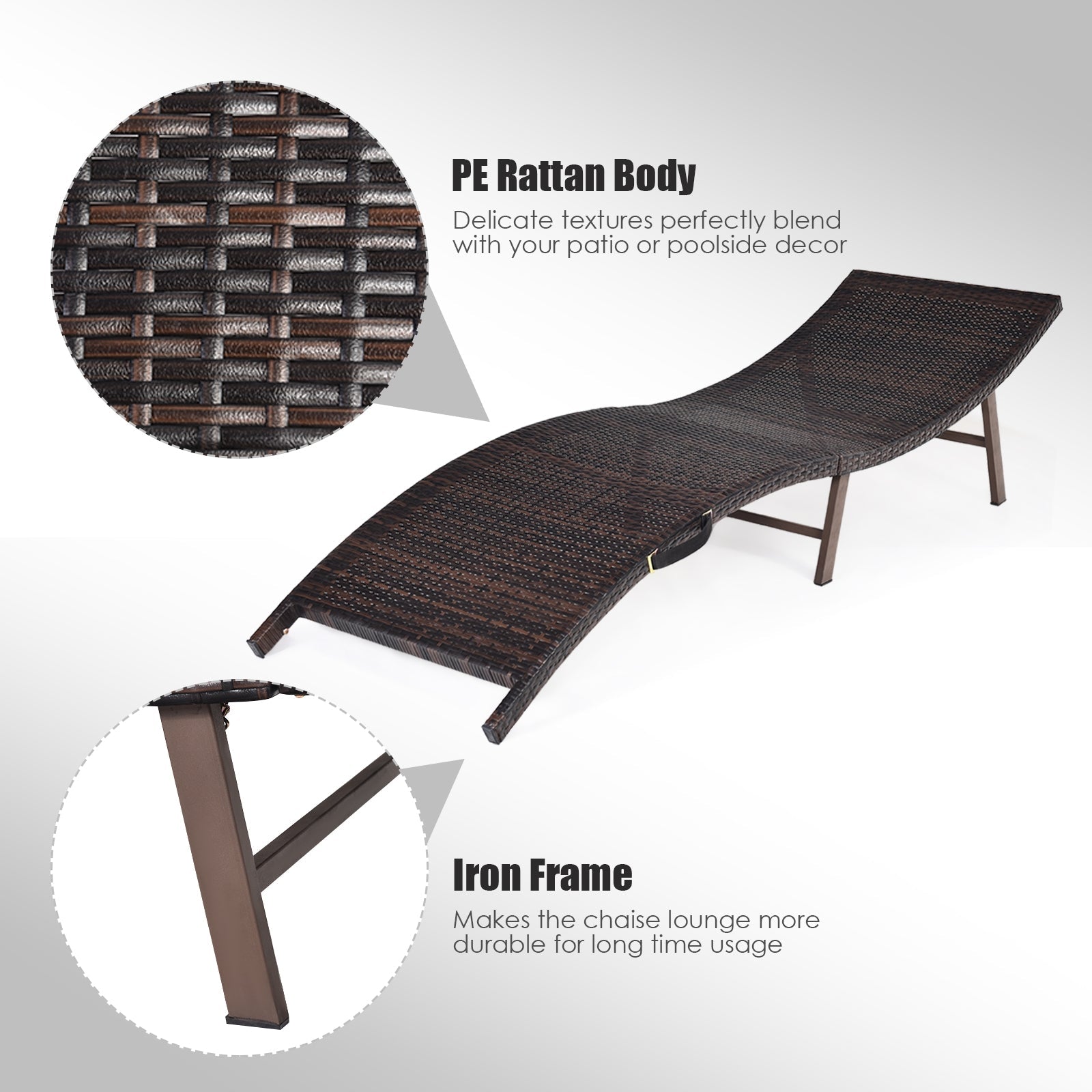 2Pcs Folding Patio Lounger Chair with wicker texture and iron frame, perfect for outdoor use, shown unfolded with detailed design.