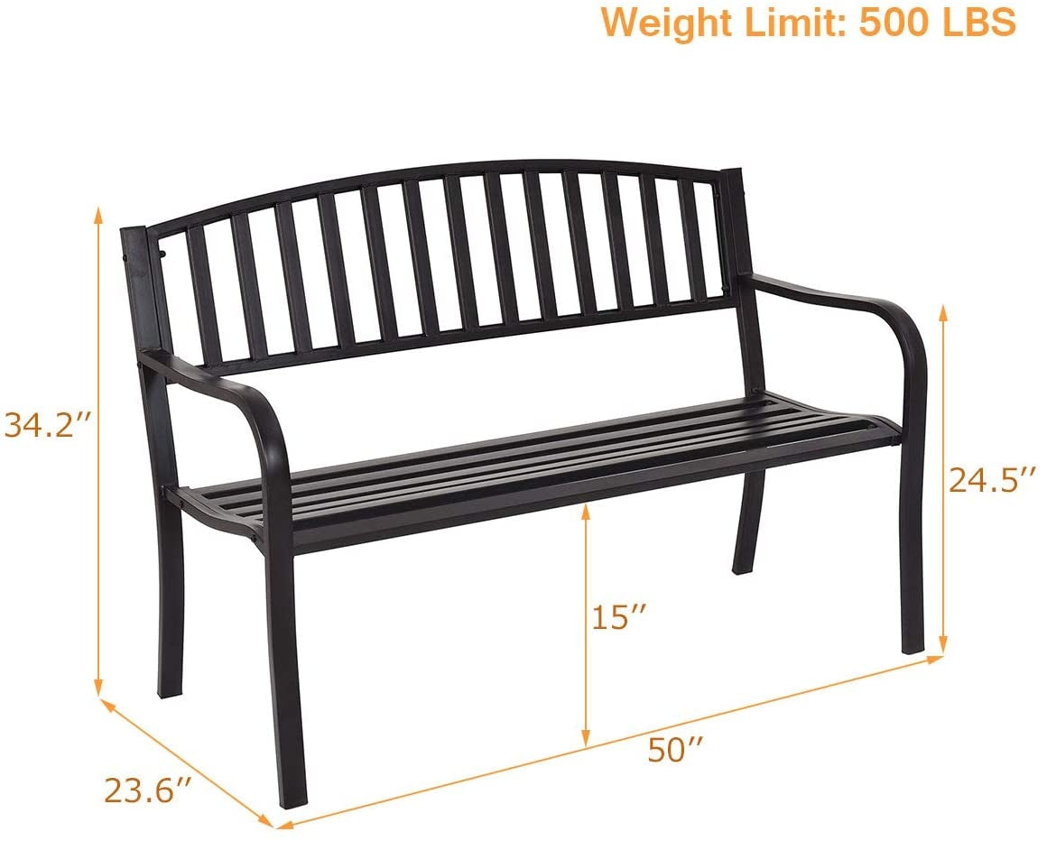 50 Inch Patio Garden Bench Loveseats for Outdoor metal frame with ergonomic seating design and armrests, weight limit 500 lbs