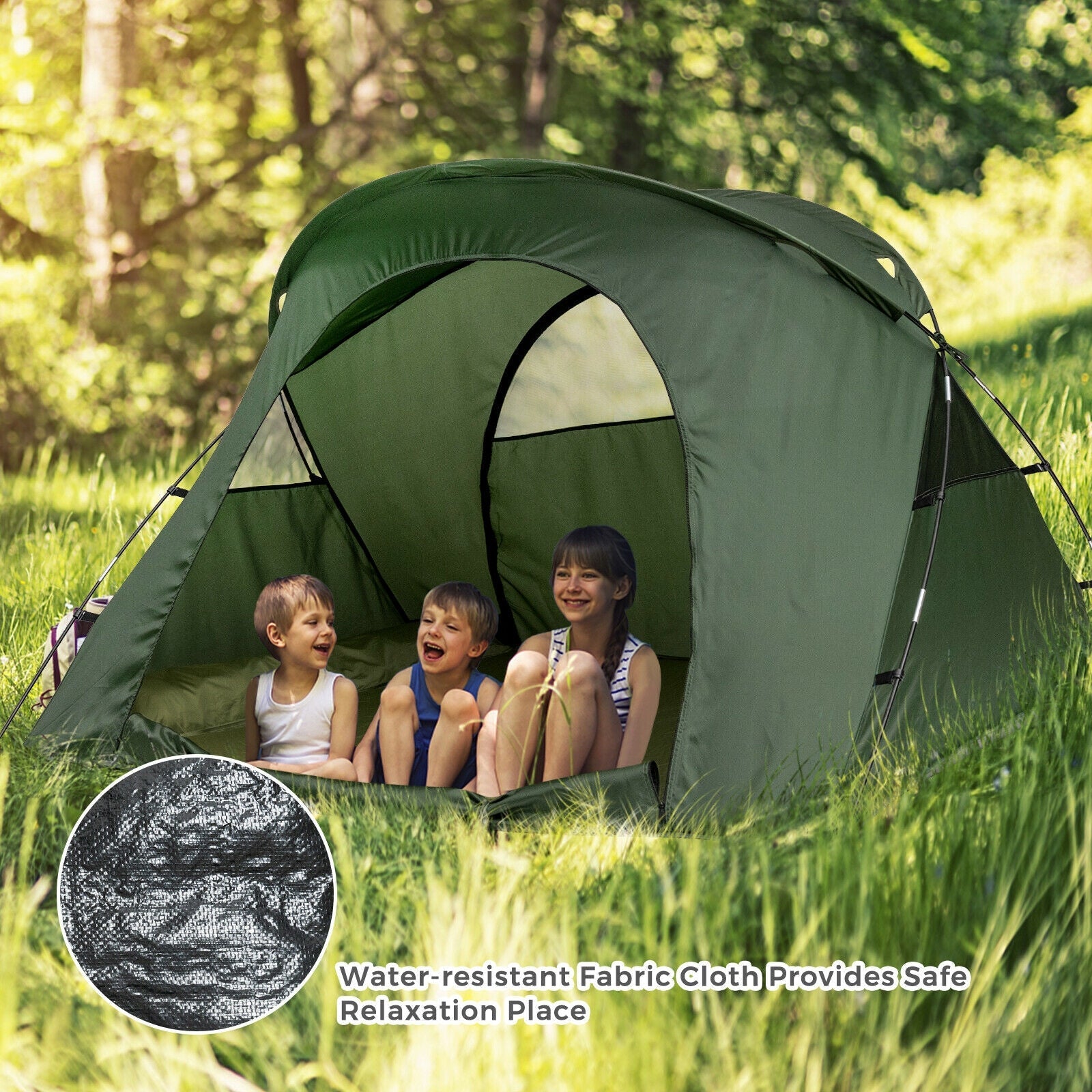 Family enjoying outdoor time in 2-Person Outdoor Camping Tent with External Cover-Green on grass field