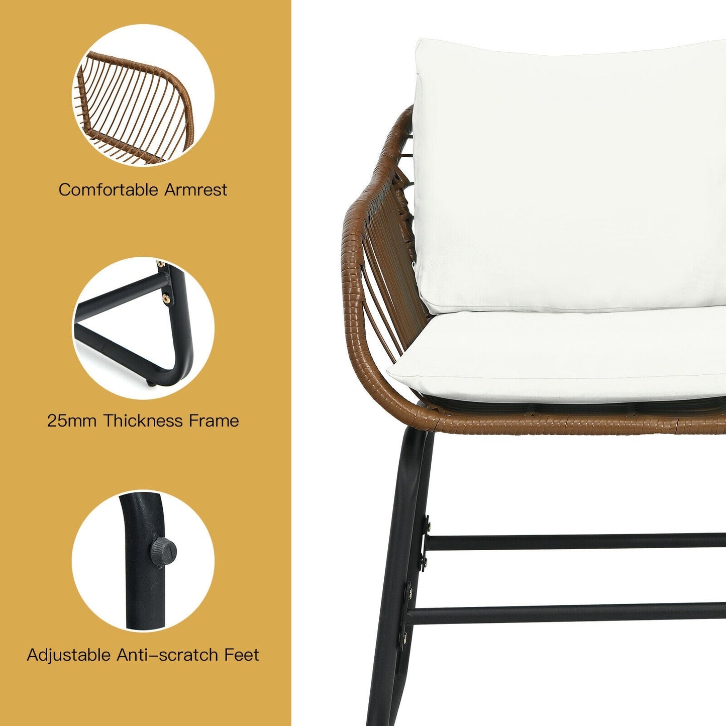 Close-up of white cushioned armchair from 3 Pieces Patio Rattan Bistro Set Cushioned Chair Glass Table Deck-White with armrest features.