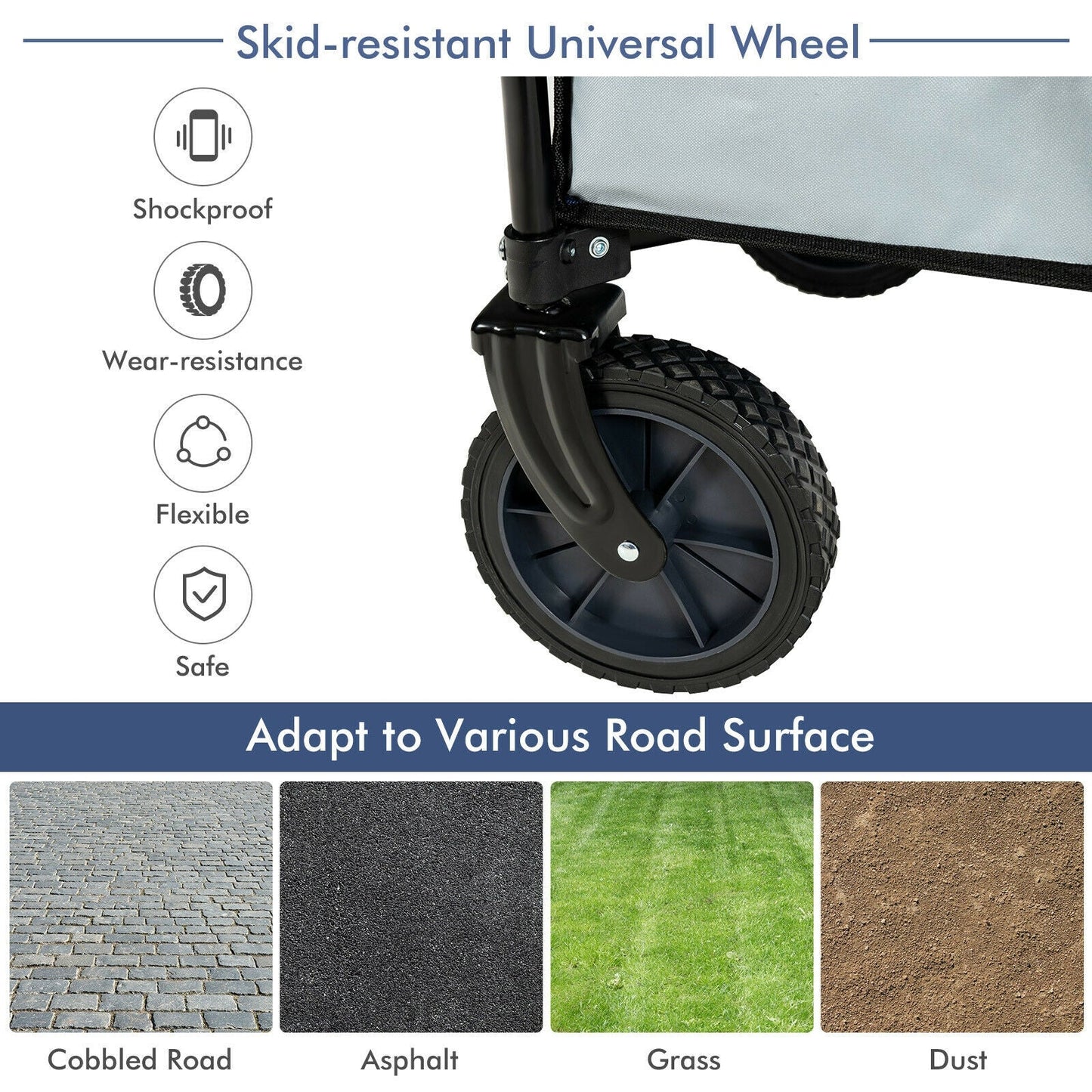 Universal wheel of Outdoor Folding Wagon Cart with Adjustable Handle and Universal Wheels-Gray for all terrains including grass and asphalt