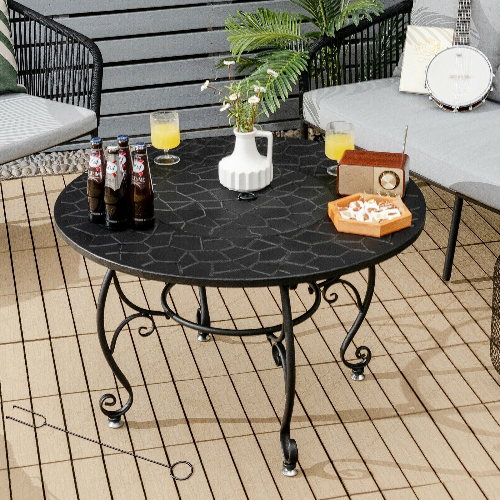 35.5 Feet Patio Fire Pit Dining Table With Cooking BBQ Grate on outdoor deck