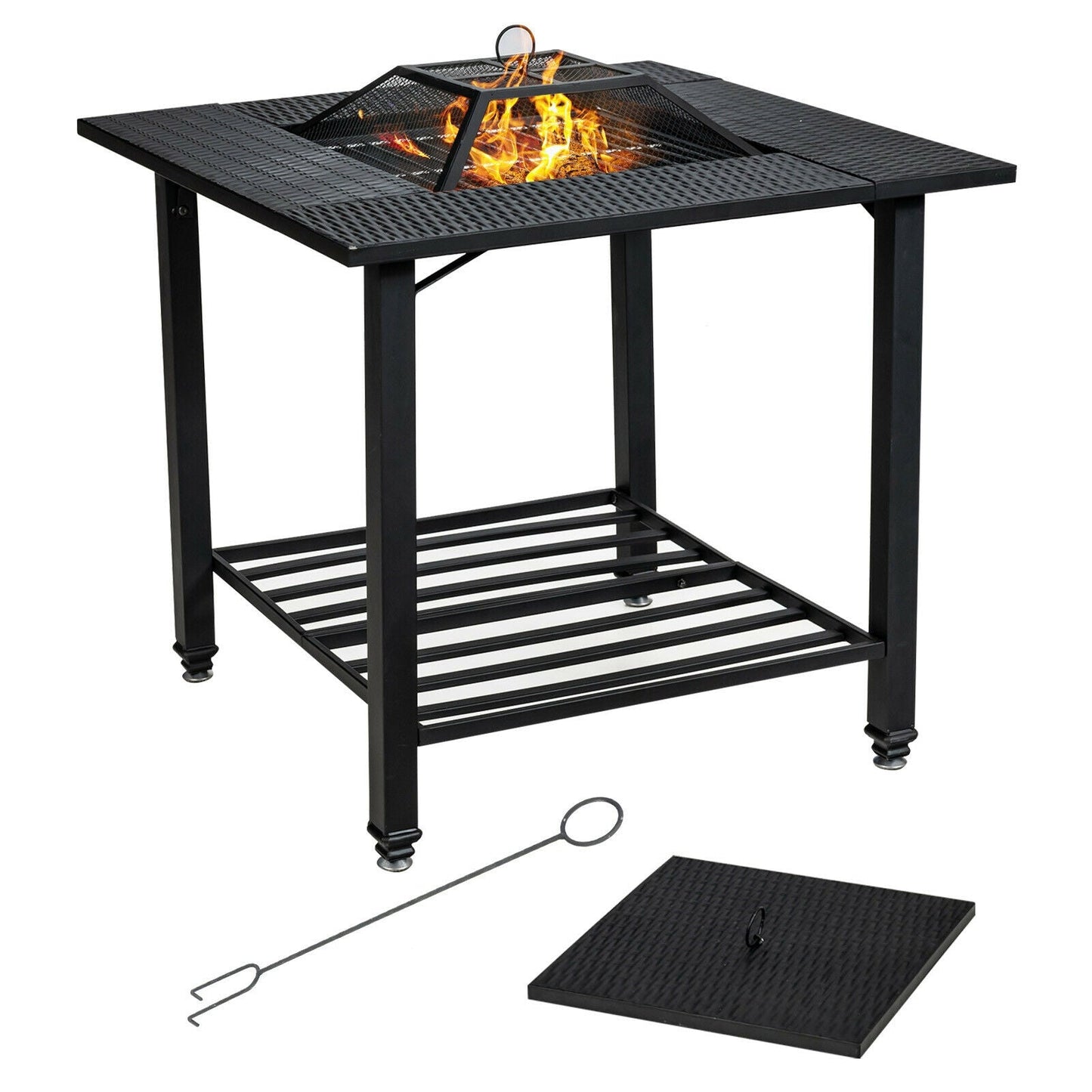 31 Inch Outdoor Fire Pit Dining Table with Cooking BBQ Grate featuring a wood-burning fire and sturdy steel frame.