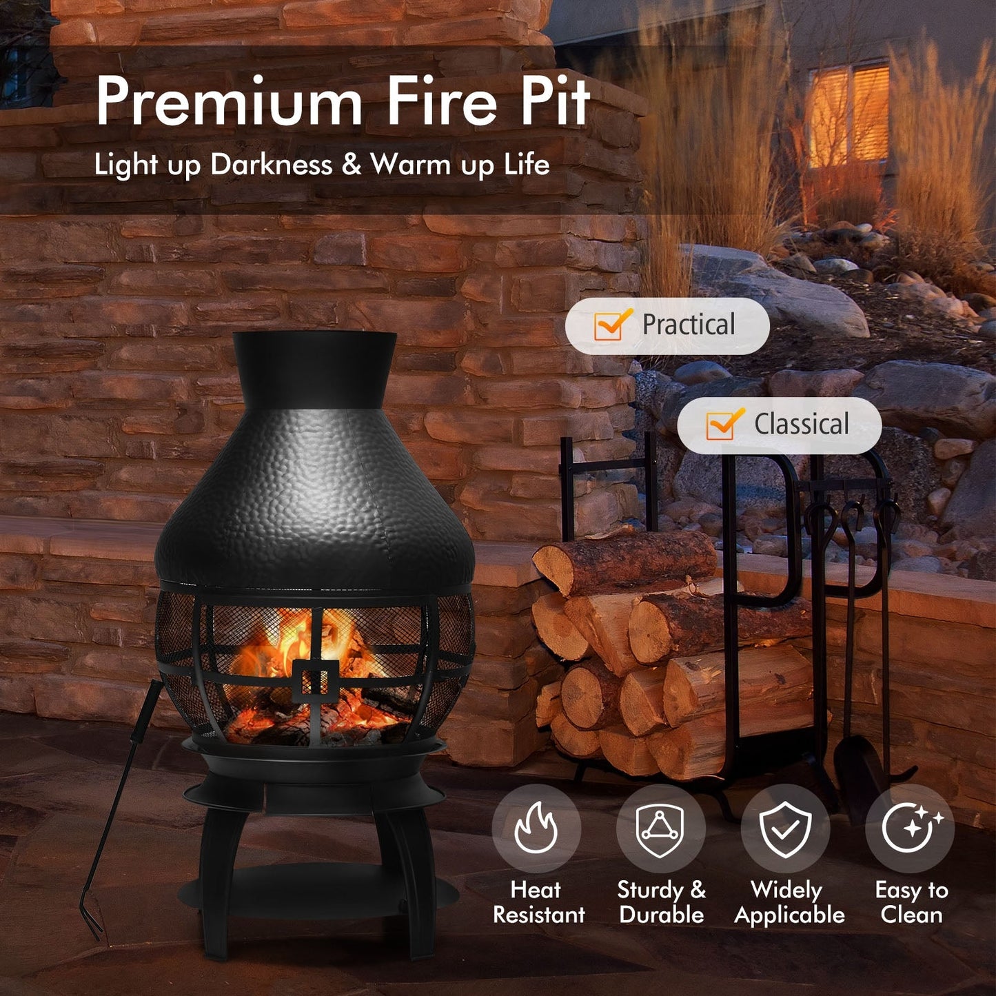 Premium Fire Pit with wood logs and tools, showcasing patio wood burning chimneys fireplace for outdoor use.