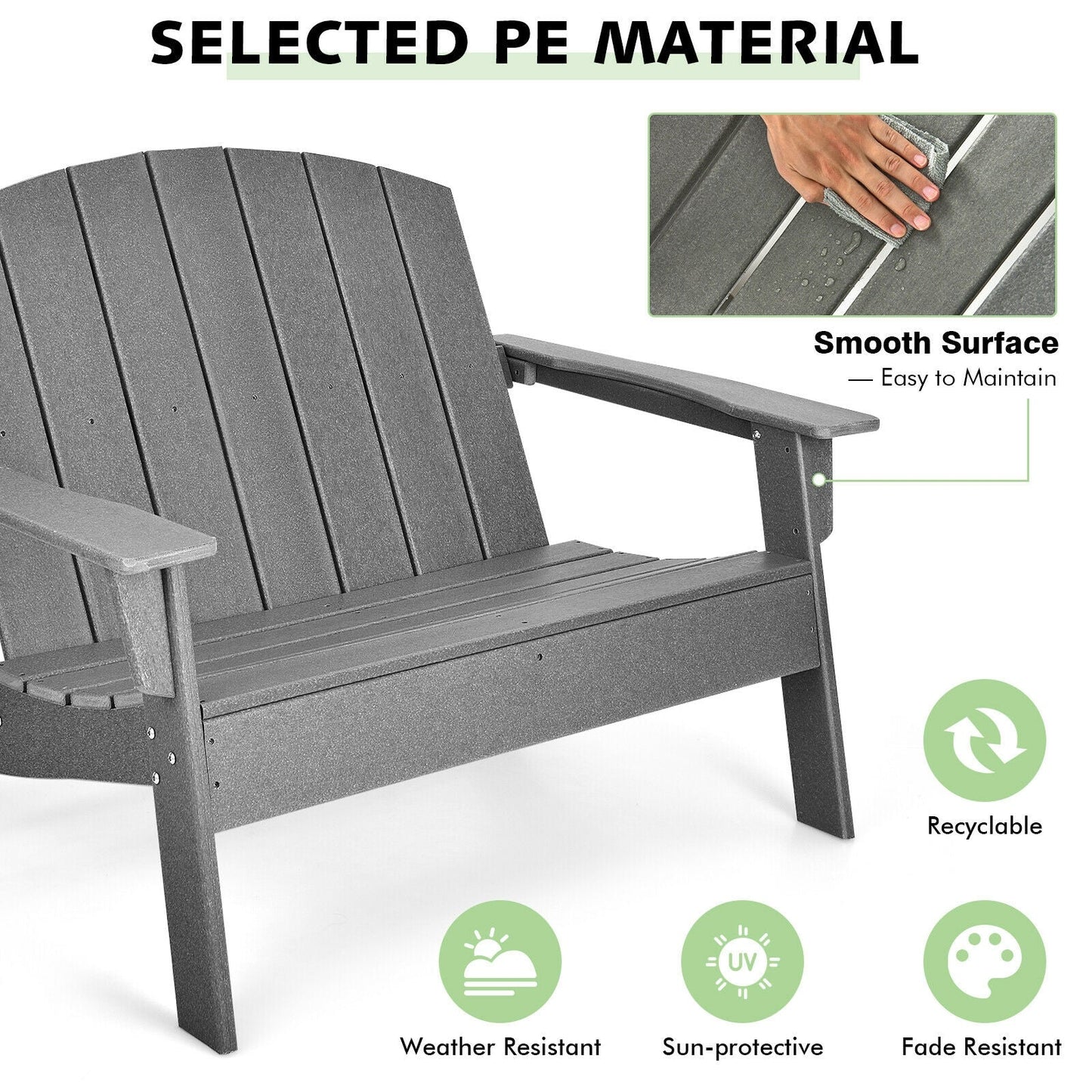 Gray HDPE Patio Adirondack Chair for Porch Garden Backyard with smooth surface, weather-resistant, and recyclable material features.
