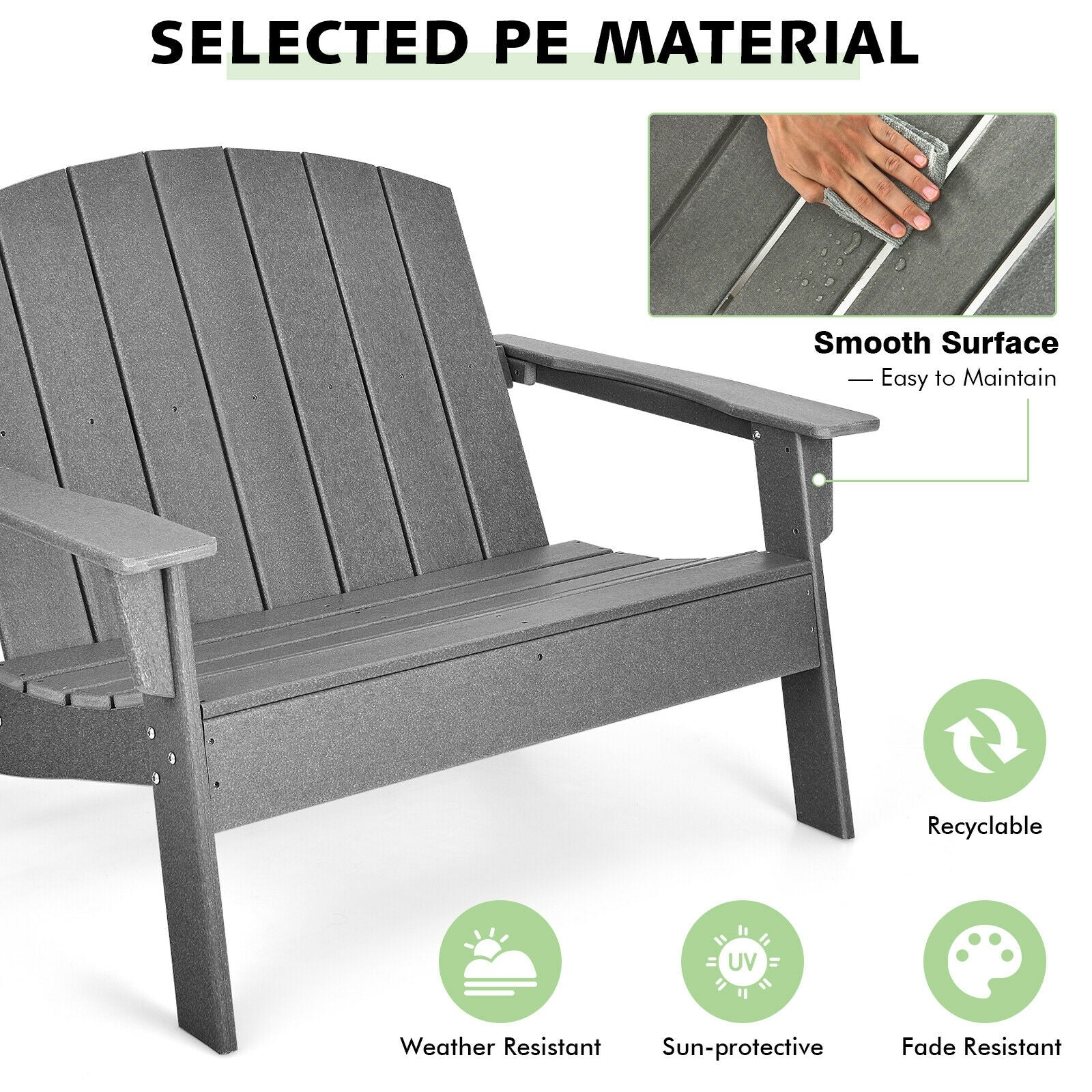 Gray HDPE Patio Adirondack Chair for Porch Garden Backyard with smooth surface, weather-resistant, and recyclable material features.