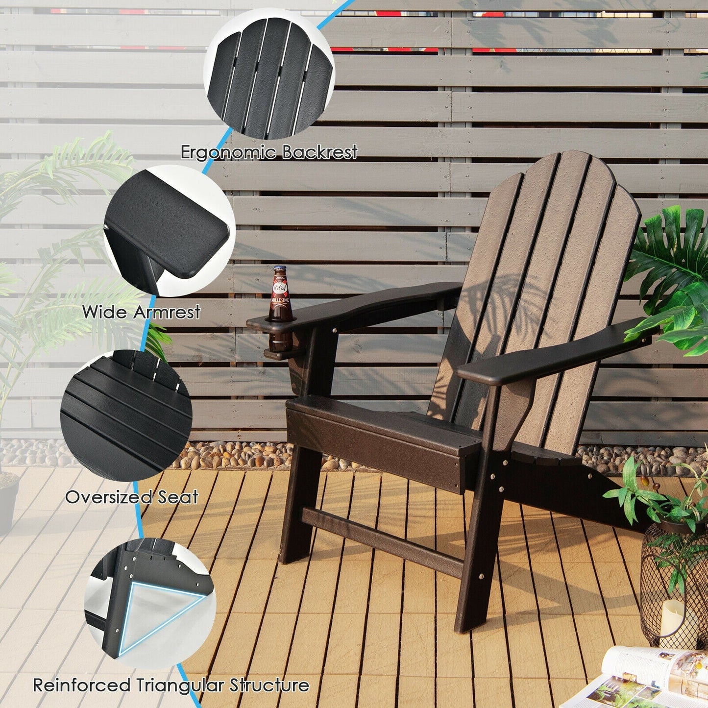 Outdoor Adirondack Chair with Built-in Cup Holder for Backyard Porch-Black showcasing ergonomic features and sturdy design.
