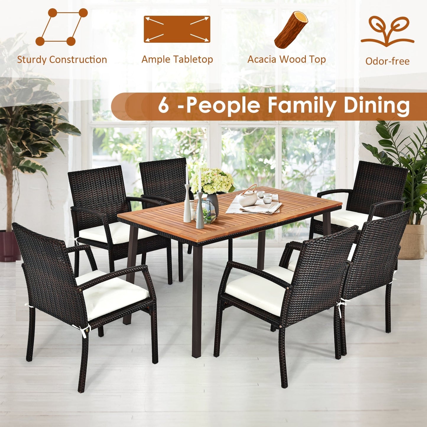 55 Inch Patio Acacia Dining Table with Umbrella Hole set for six in outdoor setting