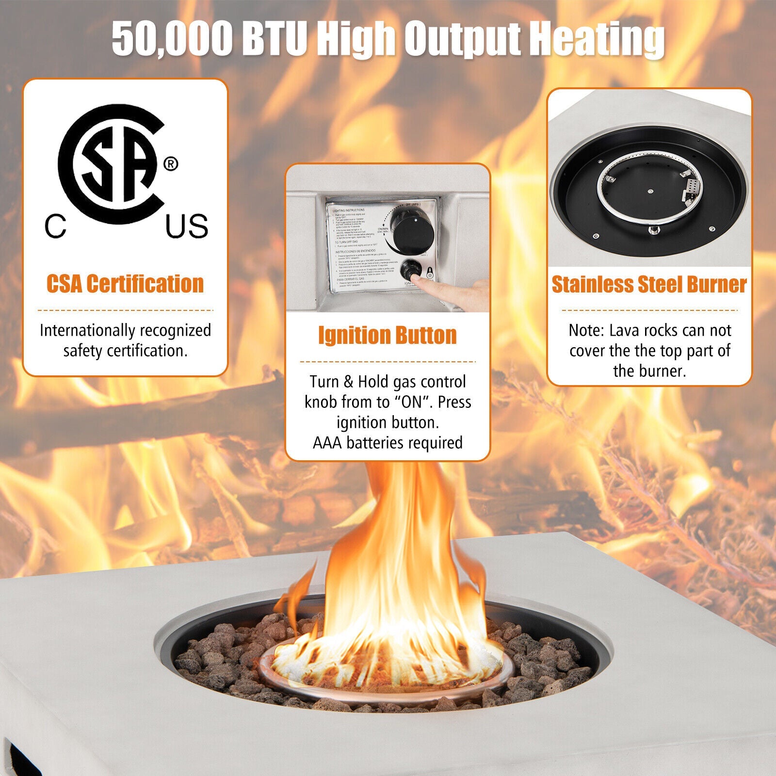 34 Inch Square Concrete Propane Fire Pit Table with Lava Rocks and Cover 50 000 BTU-Gray features CSA certification and stainless steel burner.