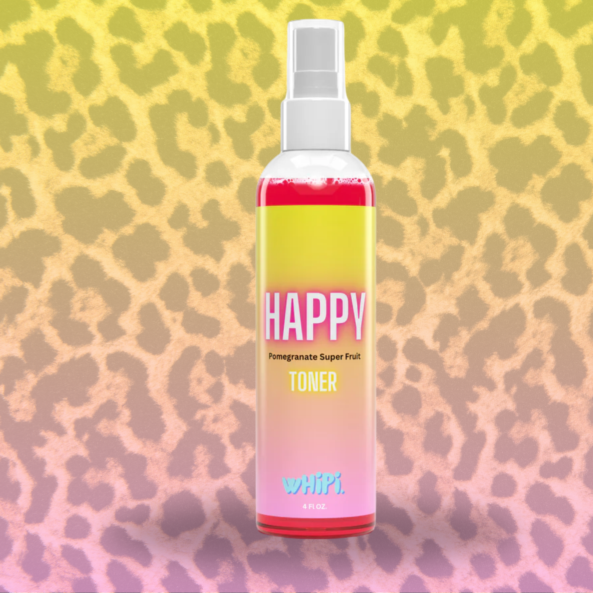 Bottle of Happy Super Fruit Toner with pomegranate extract on a vibrant background