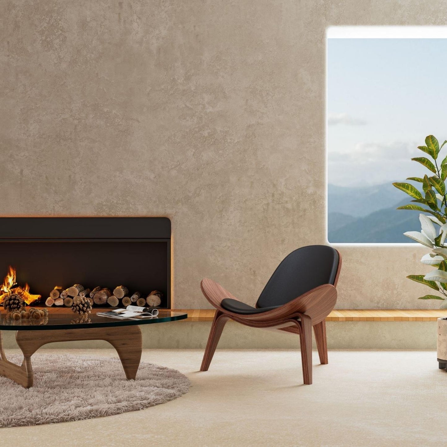 Vegan Leather Vigore Lounge Chair in modern living room with fireplace and mountain view.