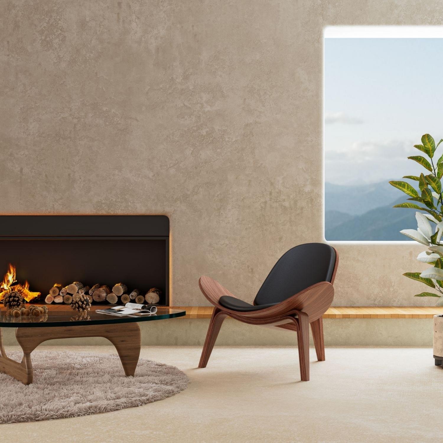 Vegan Leather Vigore Lounge Chair in modern living room with fireplace and mountain view.