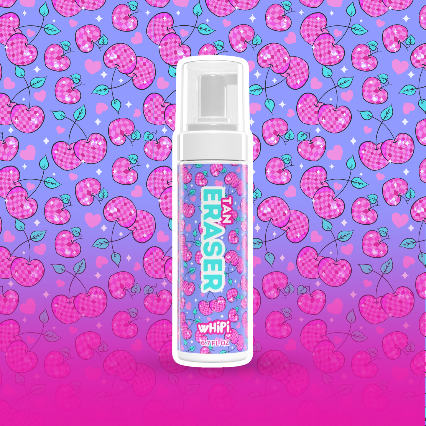 Tan Eraser Mousse with cherry-themed design, ideal for removing self-tan effortlessly, leaving skin silky smooth and rejuvenated.