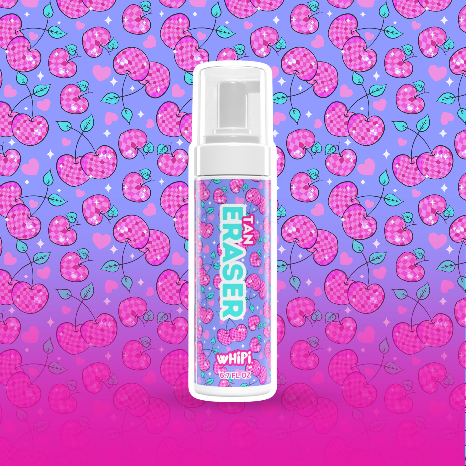 Tan Eraser Mousse with cherry-themed design, ideal for removing self-tan effortlessly, leaving skin silky smooth and rejuvenated.