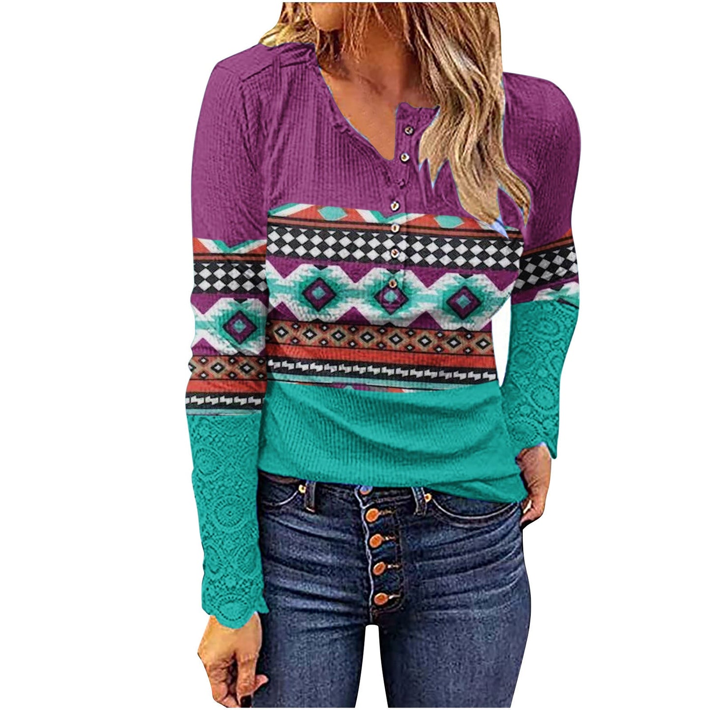 Woman wearing Desert Sunset Cowgirl Knit Top with geometric patterns and buttons, showcasing boho western fashion style.