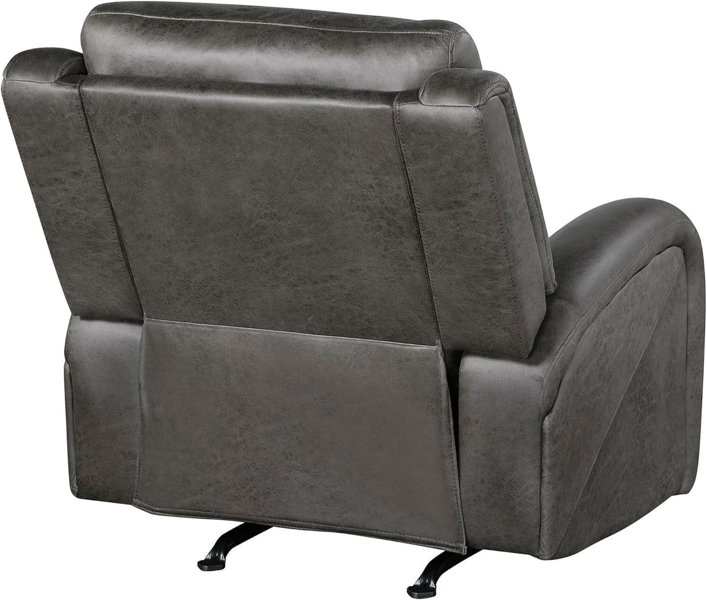 Back view of Grey Rocker Recliner Chair With Manual Recline Living Room showcasing plush dark grey upholstery.