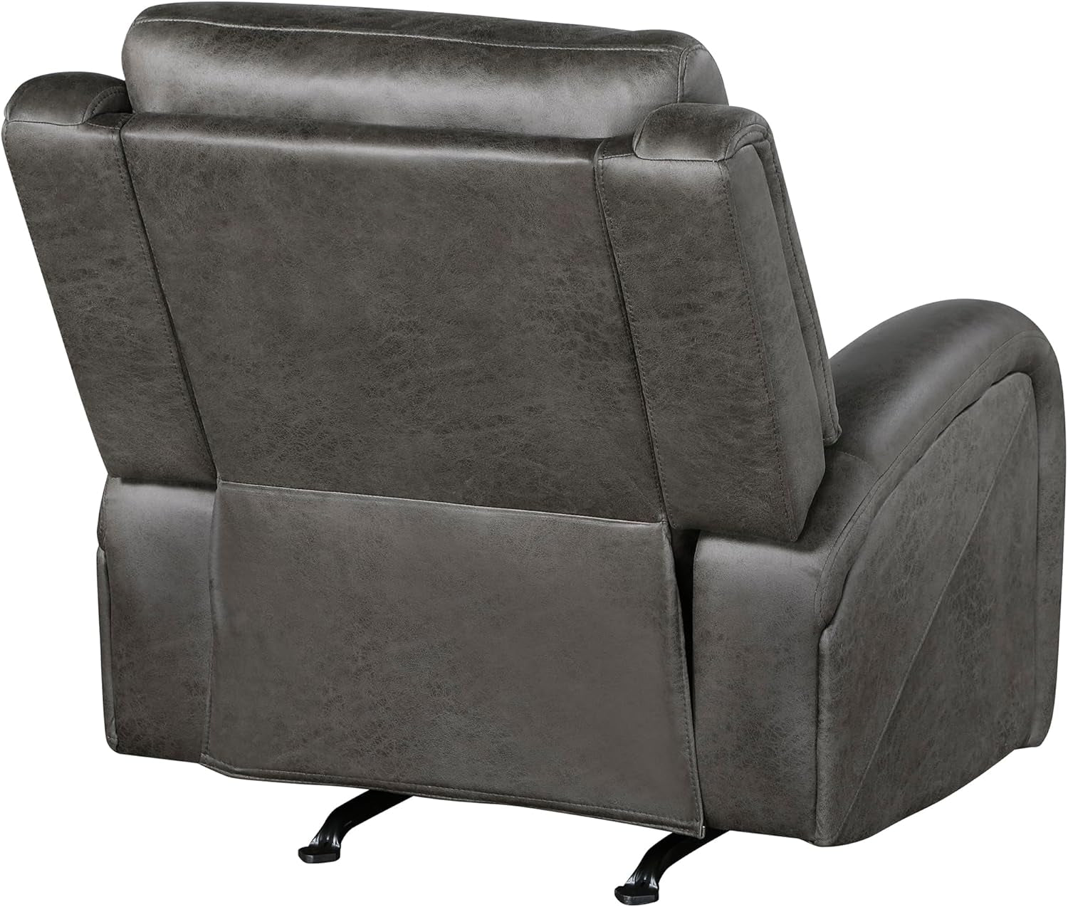 Back view of Grey Rocker Recliner Chair With Manual Recline Living Room showcasing plush dark grey upholstery.