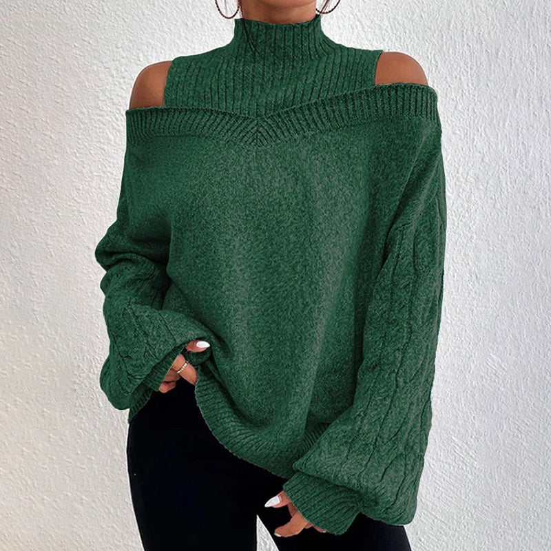 Women's Cold Shoulder Sweater - High Neck Cut Out Pullover Long Sleeve Top