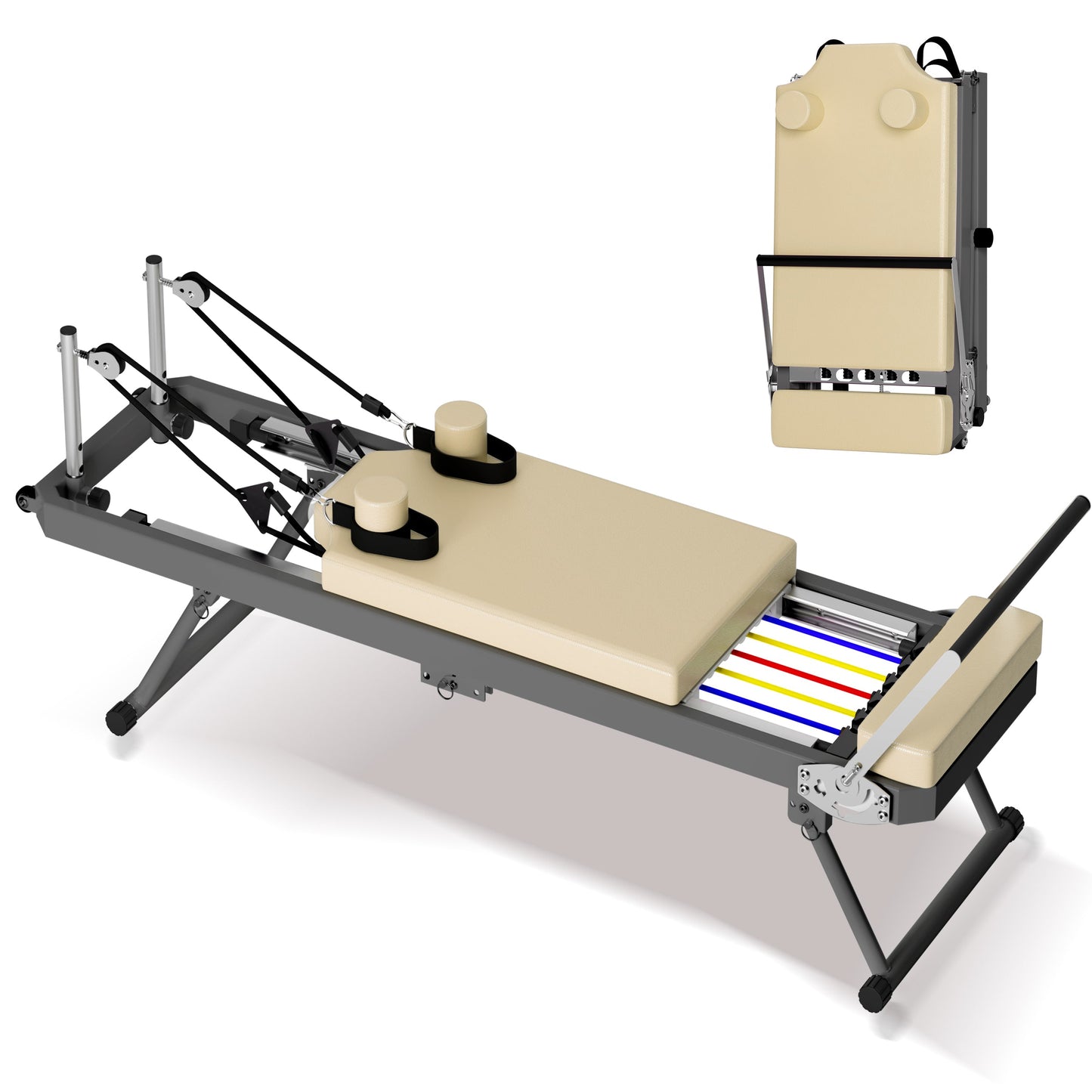 Pilates Reformer Machine for Home Gym Workout, Foldable Pilates Equipment with High Strength Alloy Springs for Beginners, Up to 330lbs,Beige