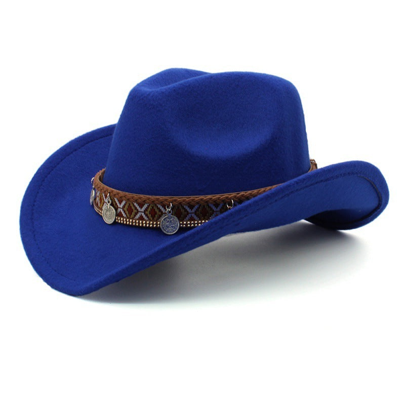Western Charm Woolen Cowgirl Hat with blue wool and woven band featuring pendant charms.