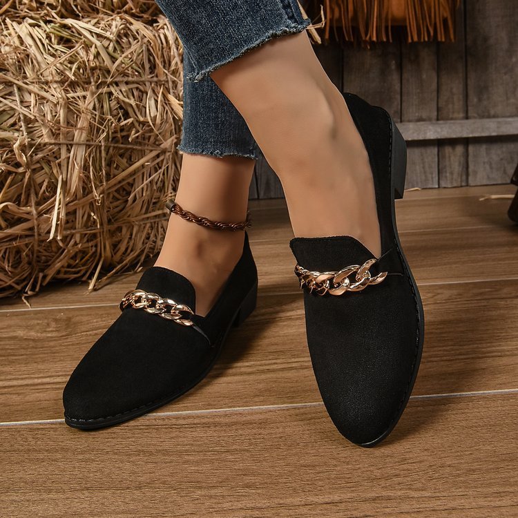 Black women’s pointed toe chunky heel shoes with gold chain detail, perfect for versatile styling and comfort.