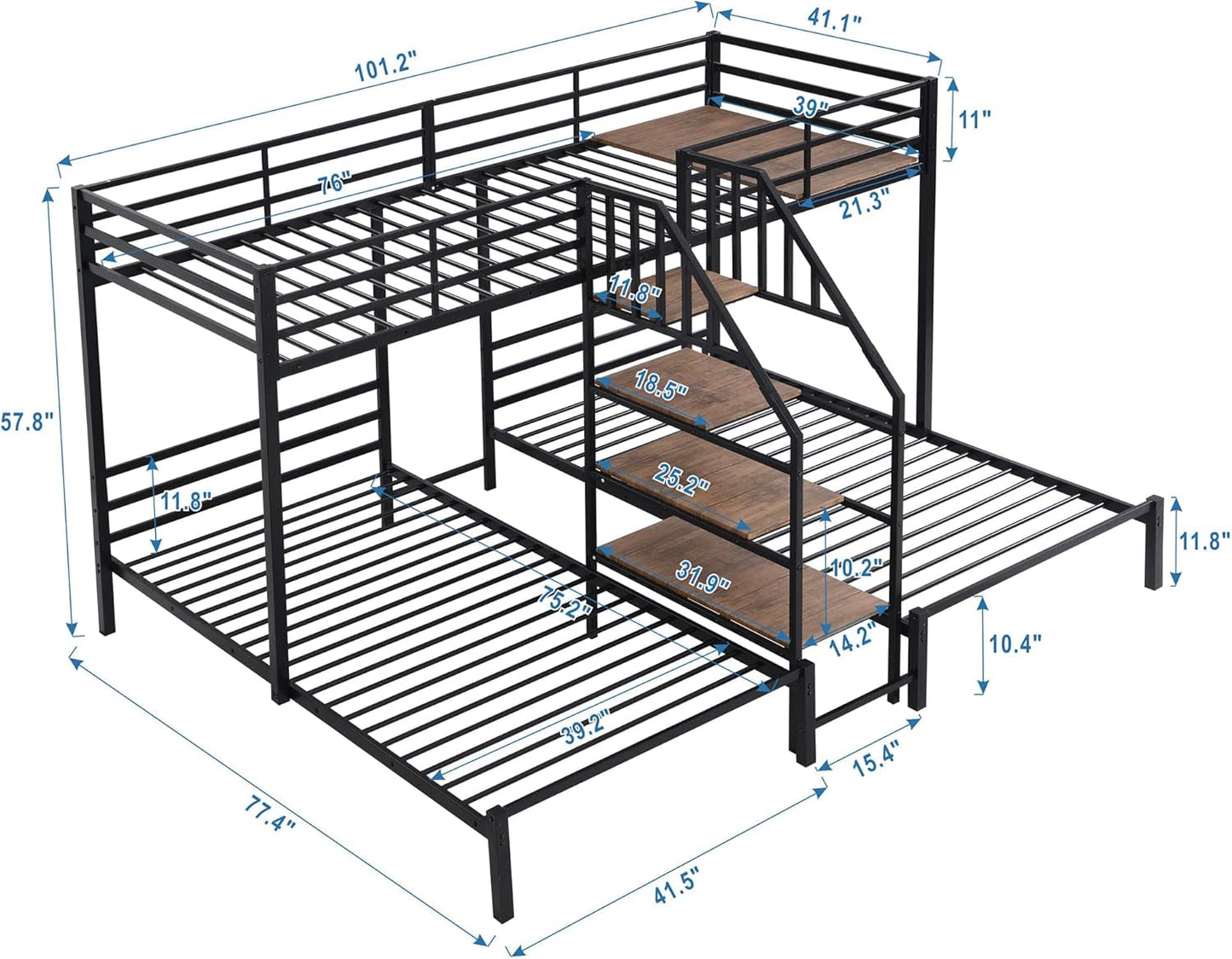 Metal Triple Bunk Bed With Stairs Black Three Beds diagram with dimensions