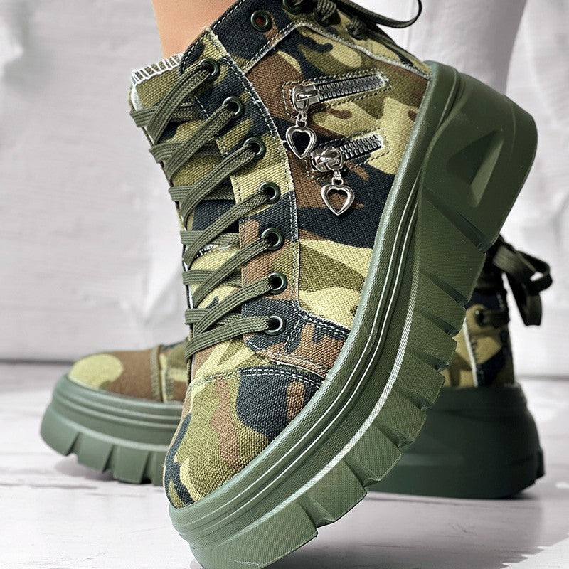 Muffin Heel Side-Zipper Sneakers for Women in camo with heart zipper detail, offering style and convenience