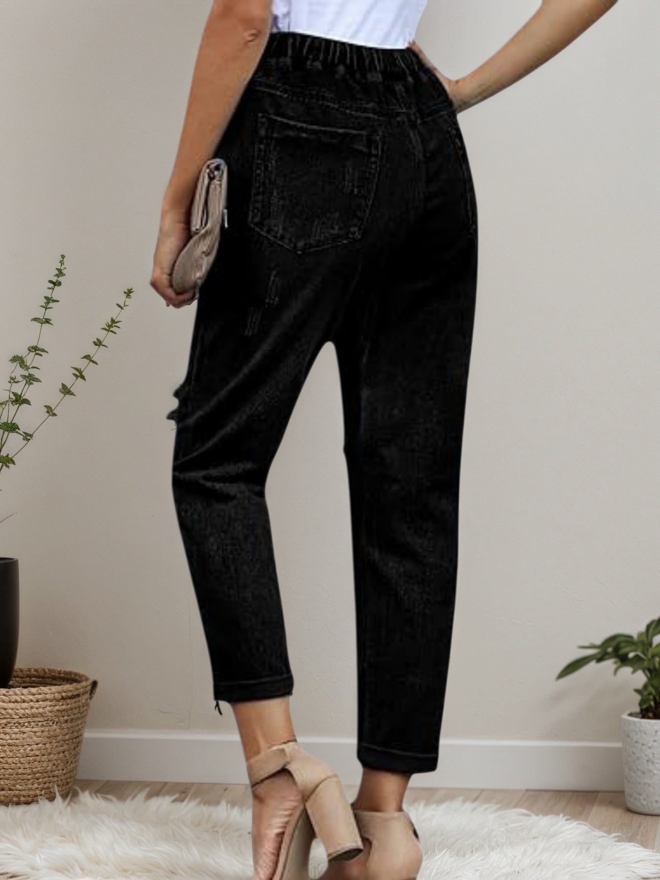 Women’s Distressed Stretch Jeans – Casual Elastic Waist Denim Joggers