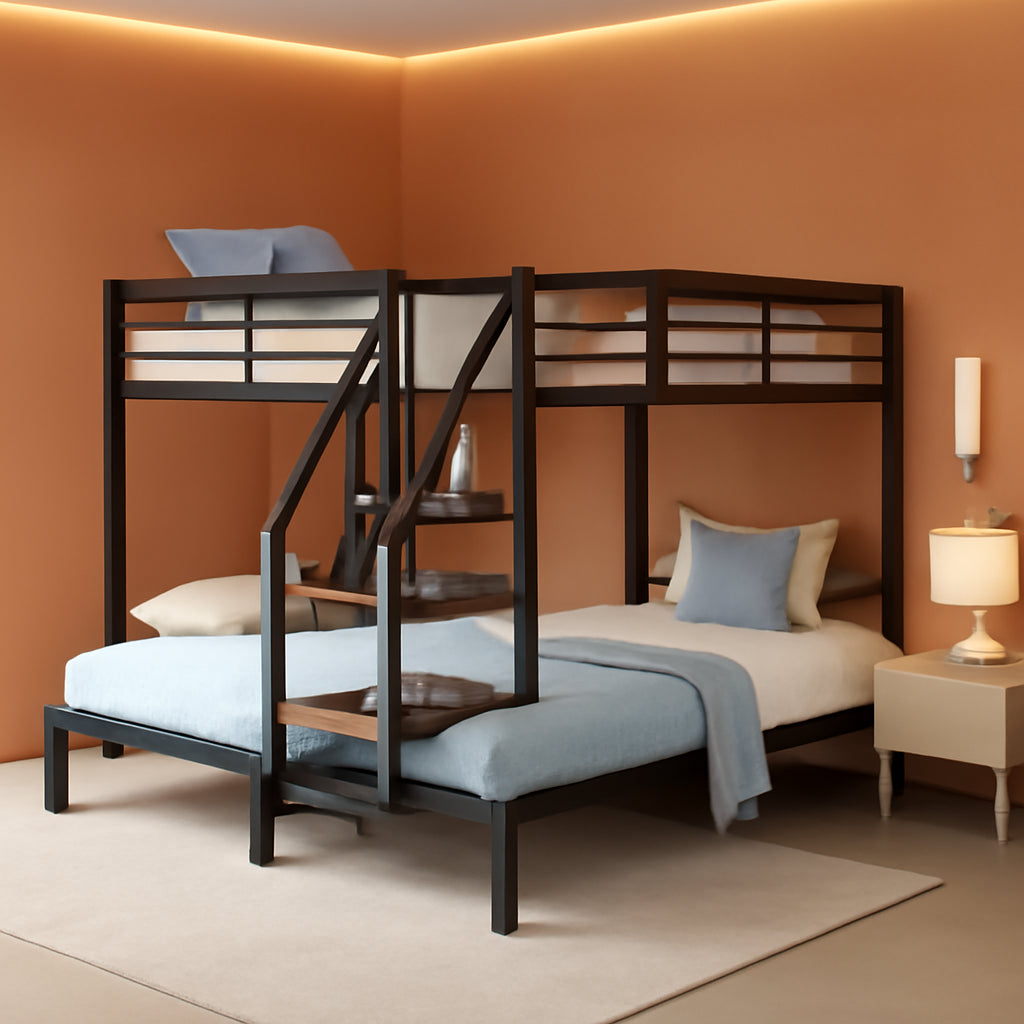 Metal Triple Bunk Bed With Stairs Black Three Beds in modern bedroom setting, featuring sturdy metal frame and twin-size beds.