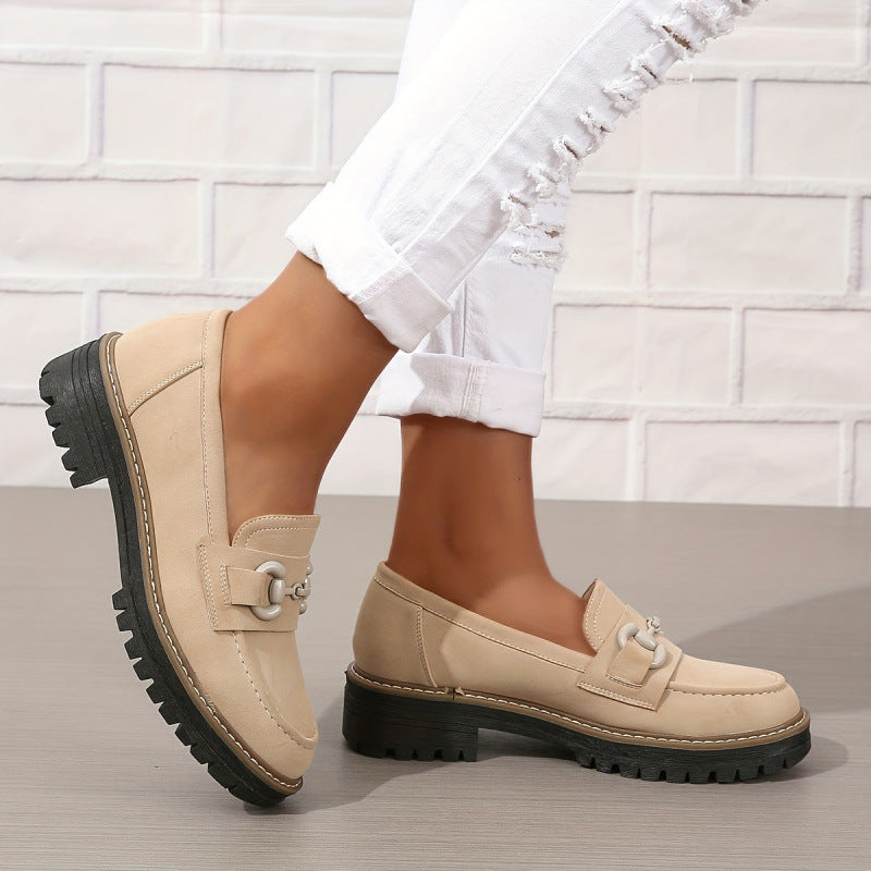 Women’s Horsebit Loafers – Elegant Flat Loafers for Work & Casual Wear, beige loafers on a woman's feet with white jeans