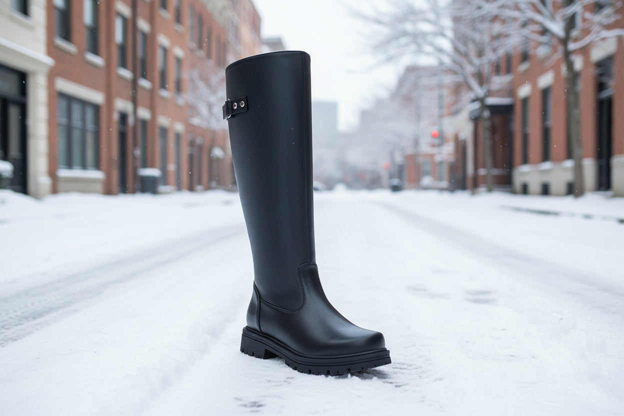 Women’s Retro British-Style Riding Boots – Leather Belt Buckle Knee Boots