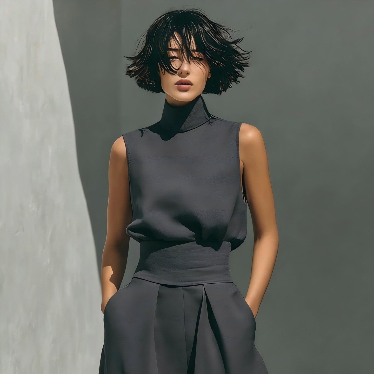Fashionable woman in sleek black sleeveless top with wide-leg pants, minimalist style