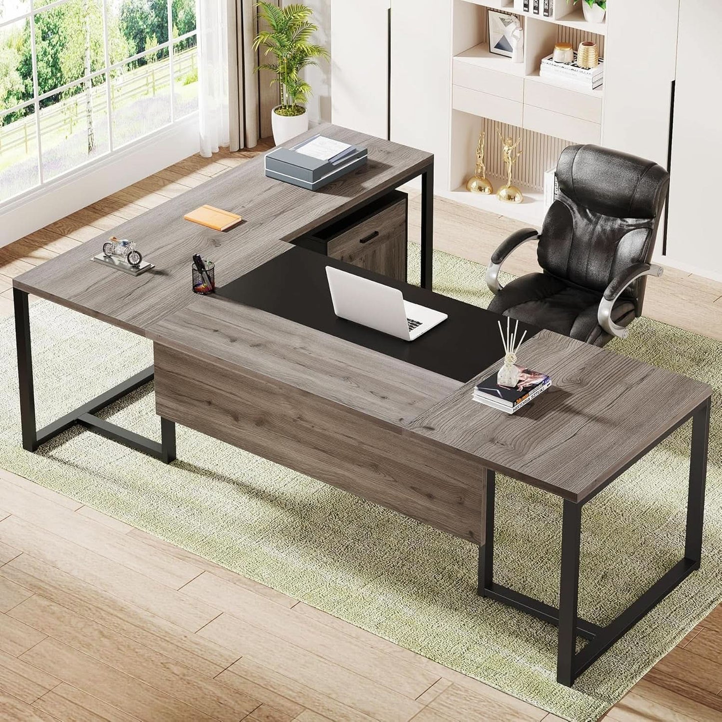 Extra Large L Shaped Executive Desk Retro Gray Drawer Cabinet
